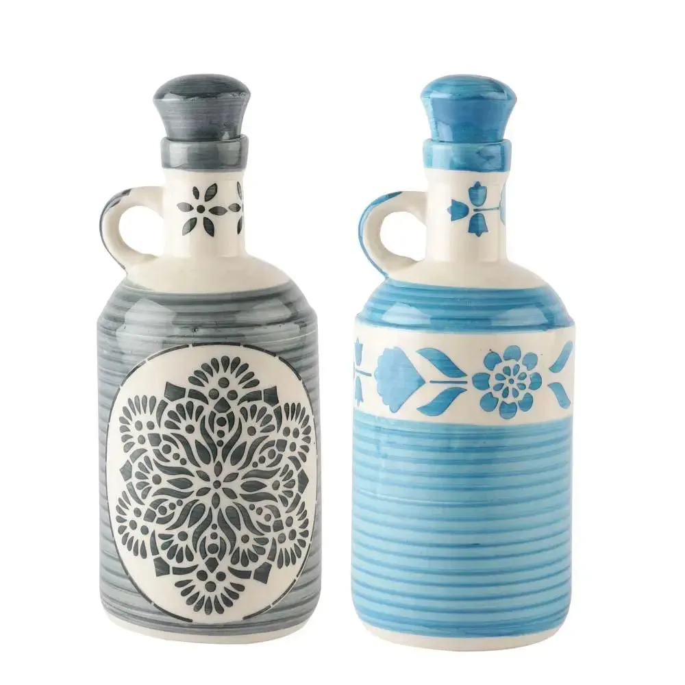 Blue & Grey Floral Handpainted Ceramic Oil Dispenser Set Of 2