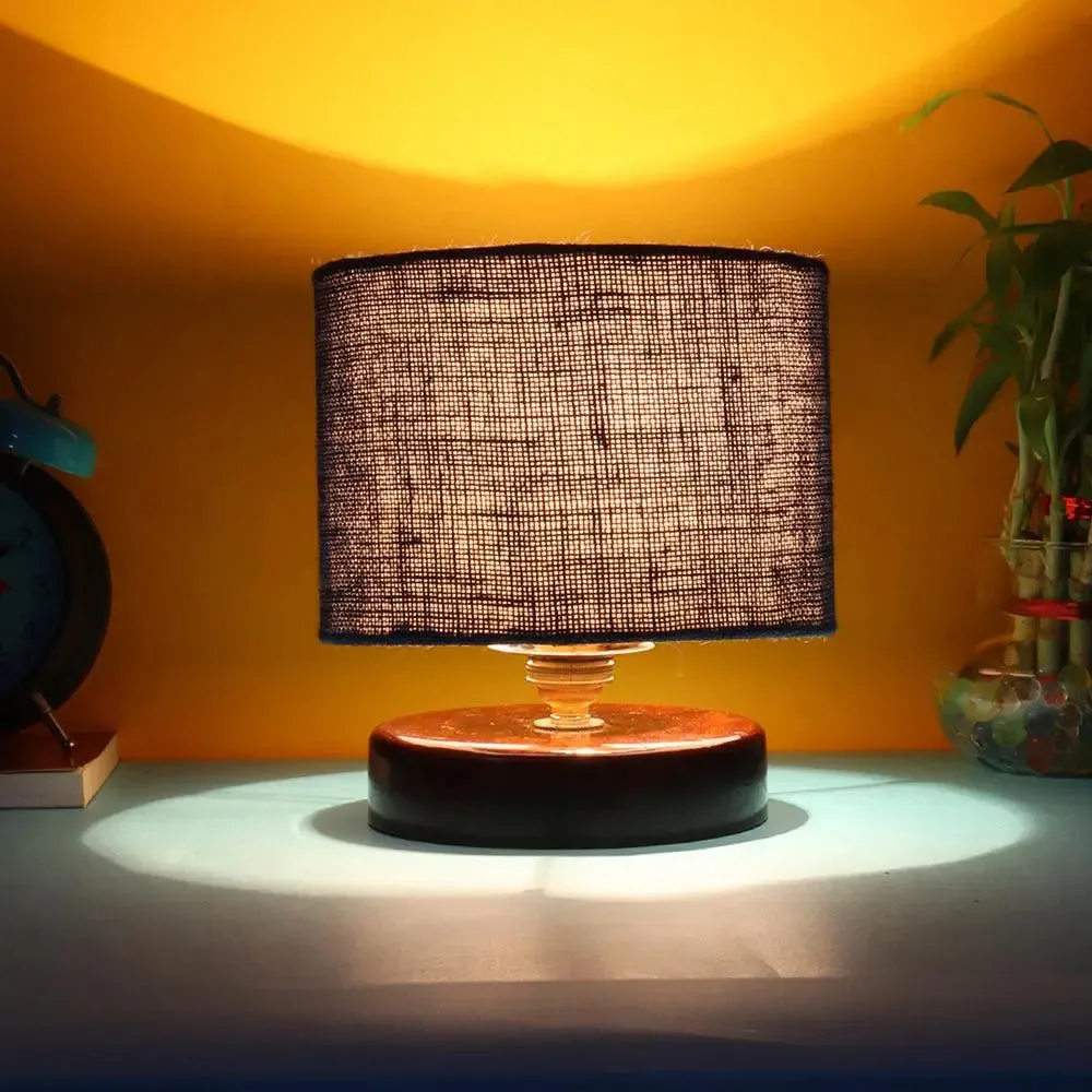 Blue Jute Table Lamp with Brown Wood Base