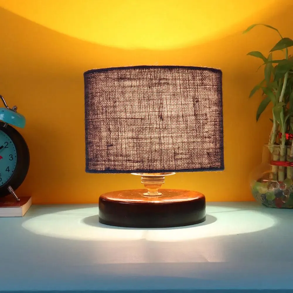 Blue Jute Table Lamp with Brown Wood Base