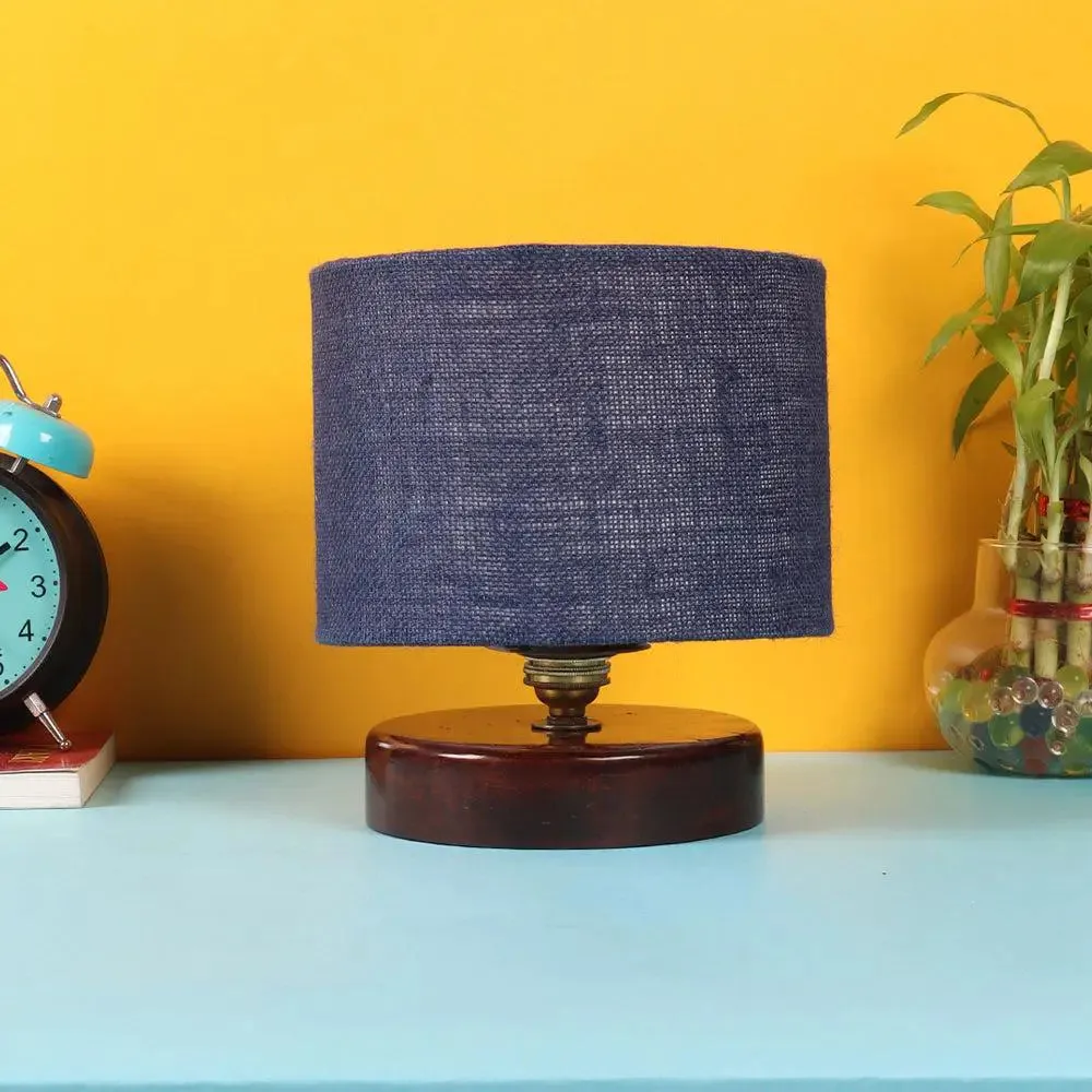 Blue Jute Table Lamp with Brown Wood Base