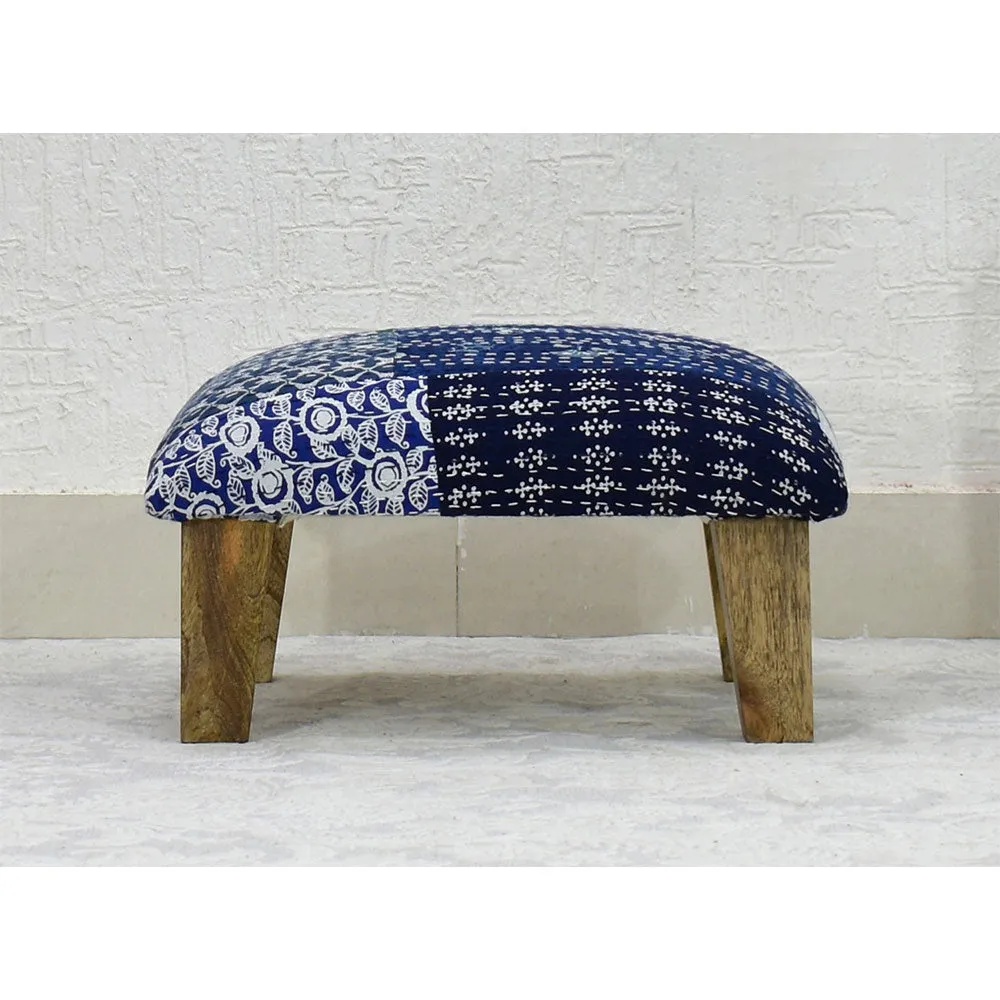 Blue Kantha Gudri Patchwork Multipurpose Stool / Square Pouffe / Ottoman