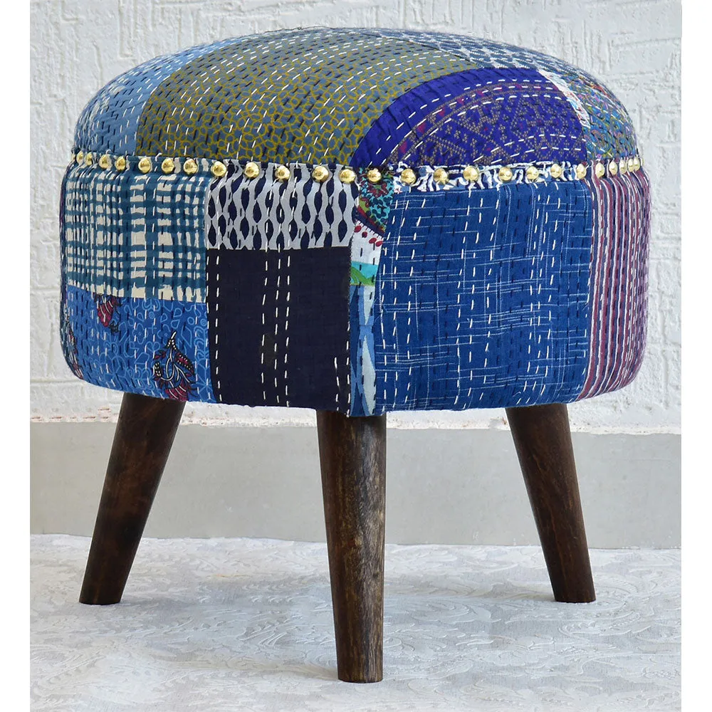 Blue Kantha Gudri Patchwork Three Legged Stool / Pouffe / Ottoman Single Piece