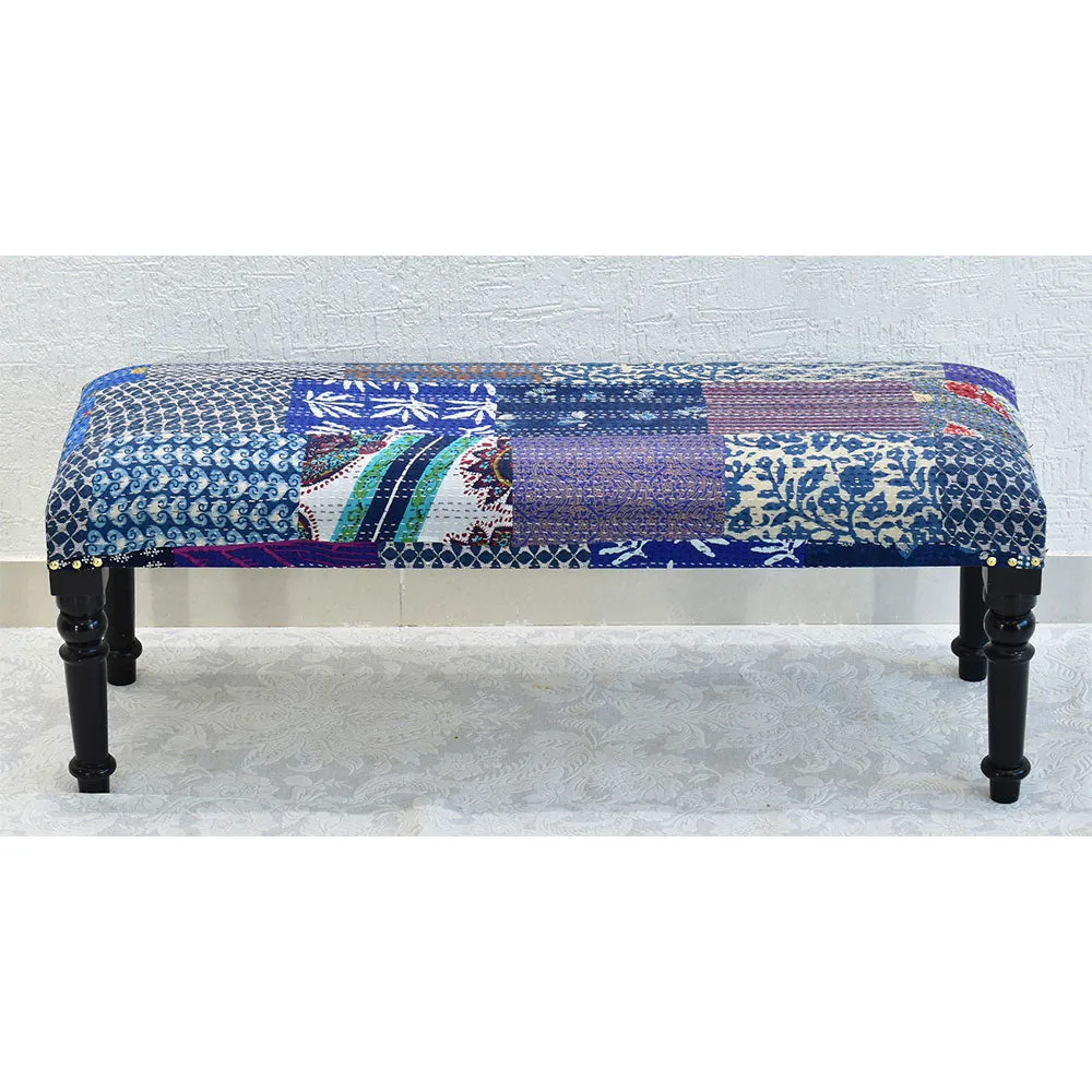 Blue Kantha Gudri Patchwork Upholstery Multipurpose Bench