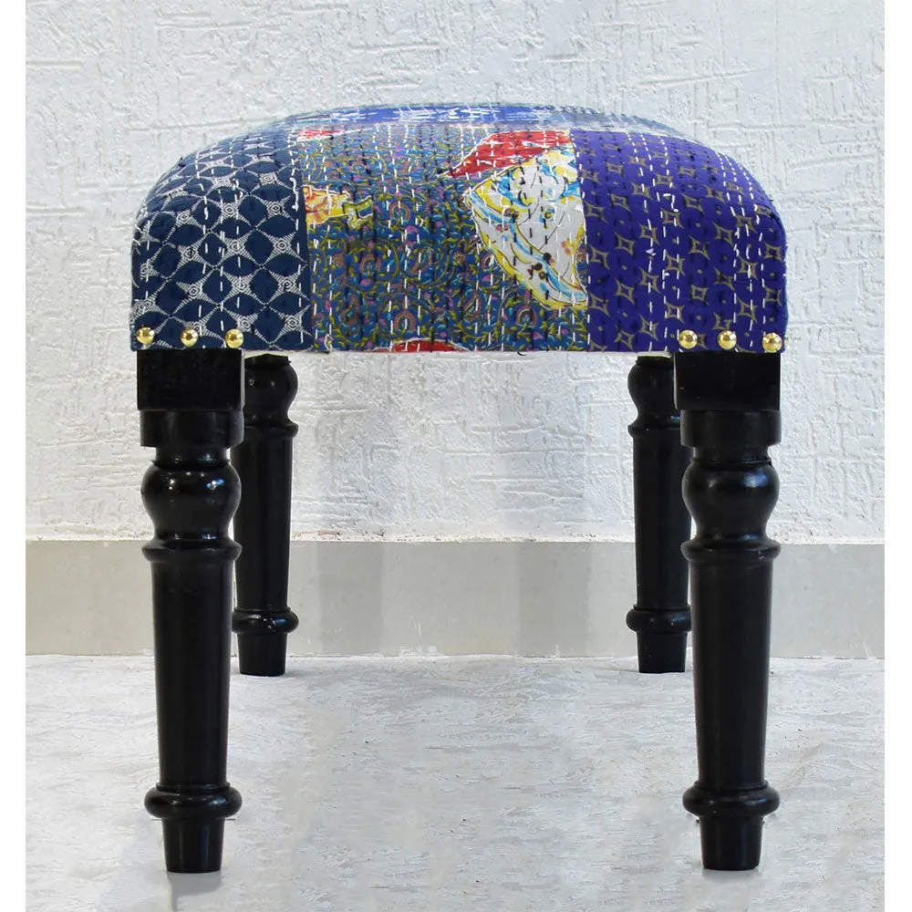 Blue Kantha Gudri Patchwork Upholstery Multipurpose Bench
