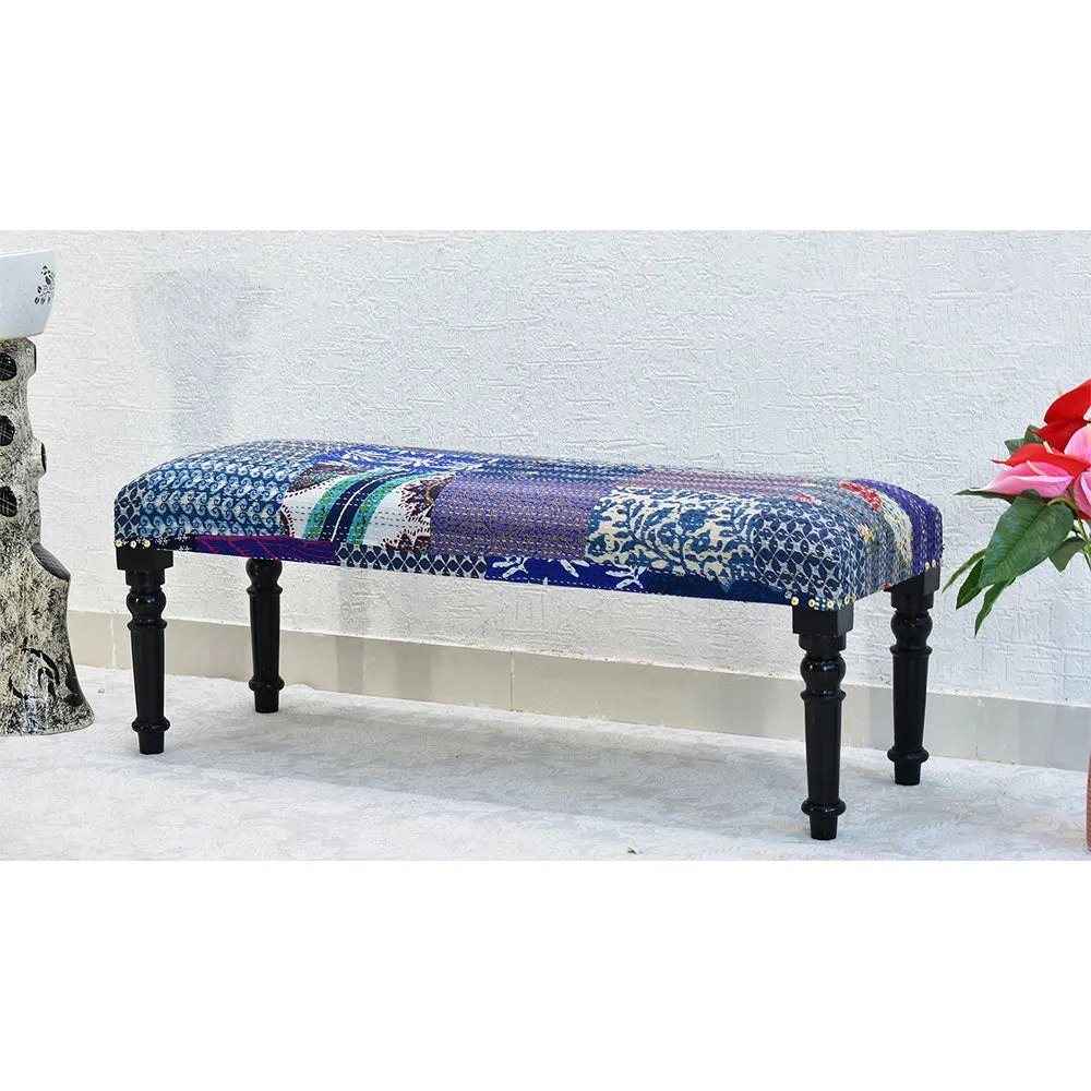 Blue Kantha Gudri Patchwork Upholstery Multipurpose Bench