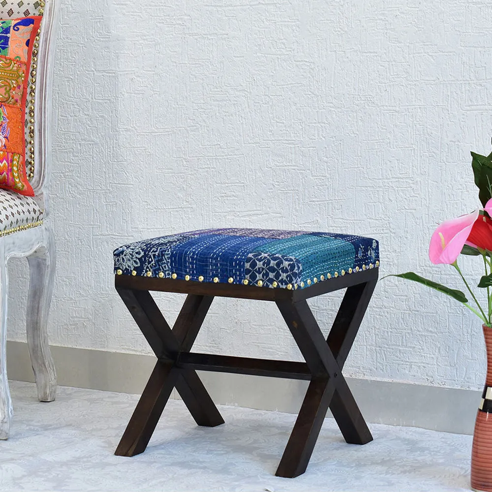 Blue Kantha Gudri Patchwork X Shape Stool / Ottoman Single Piece