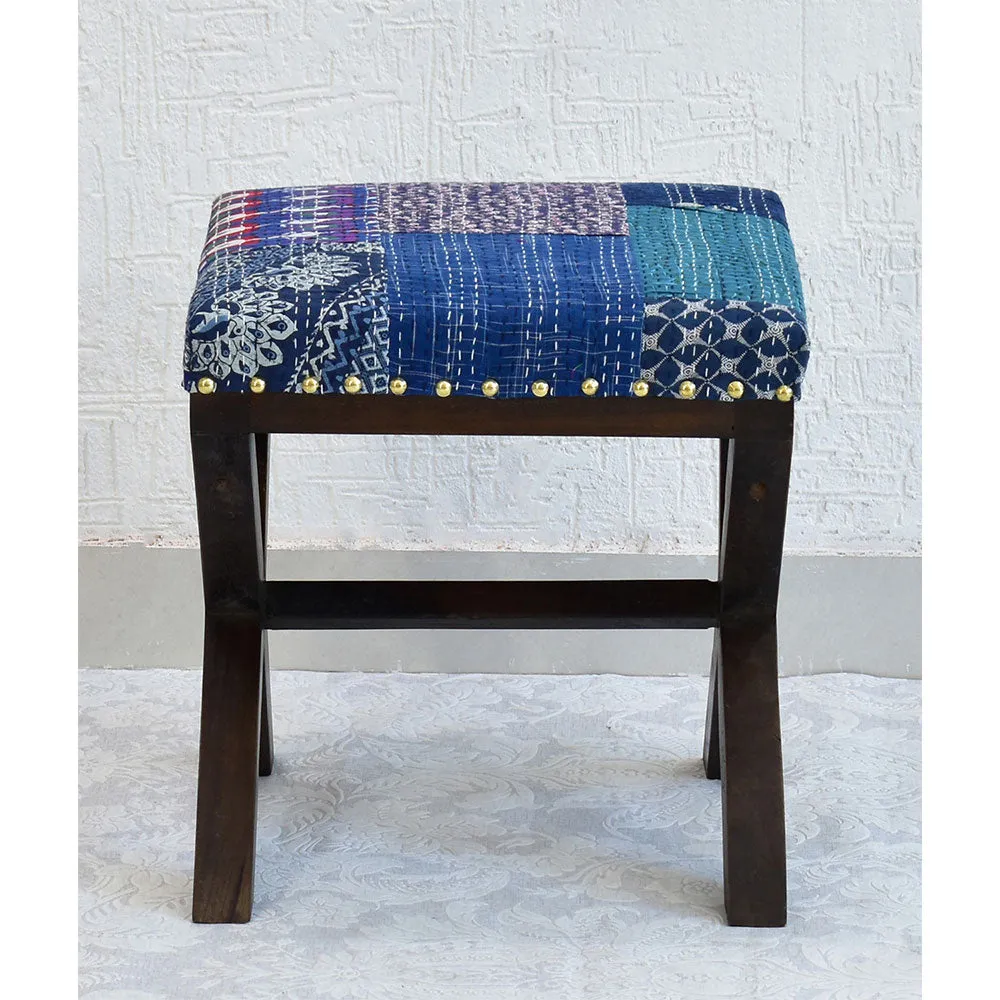 Blue Kantha Gudri Patchwork X Shape Stool / Ottoman Single Piece