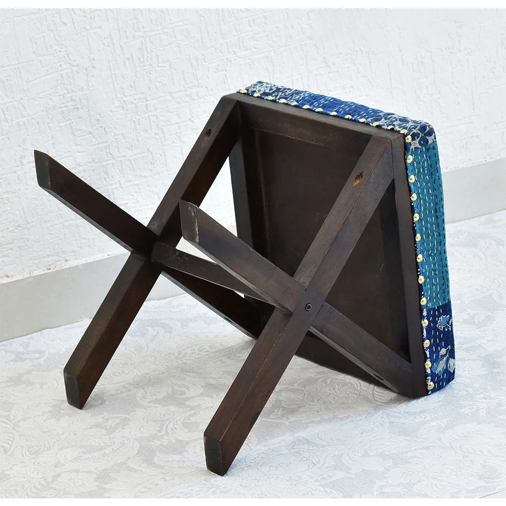 Blue Kantha Gudri Patchwork X Shape Stool / Ottoman Single Piece