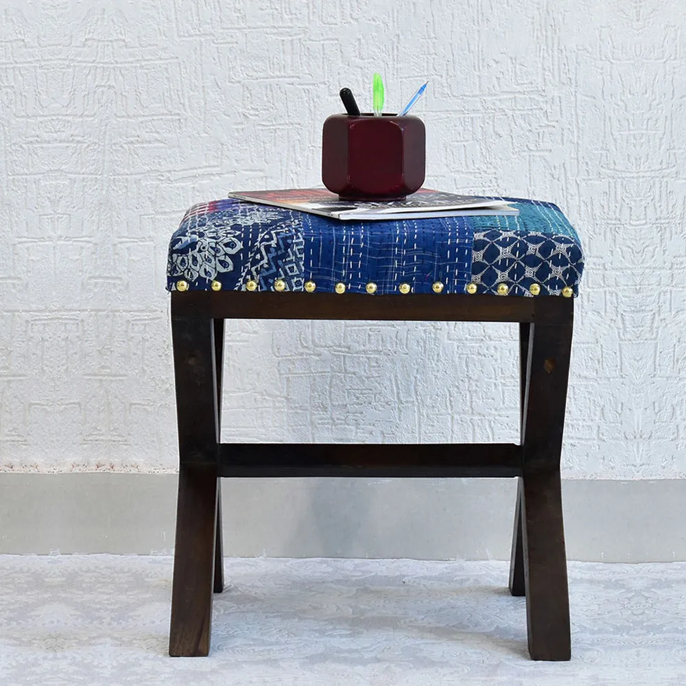 Blue Kantha Gudri Patchwork X Shape Stool / Ottoman Single Piece