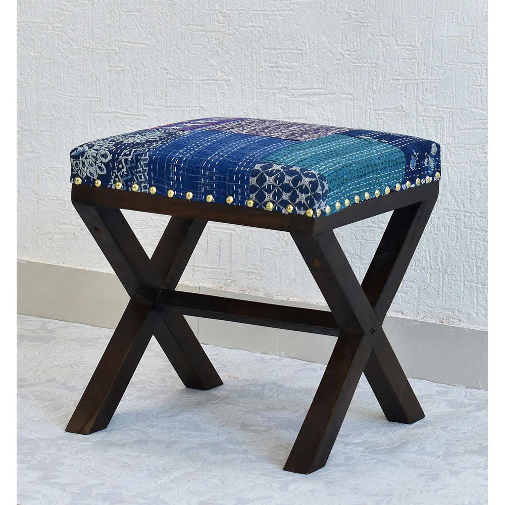 Blue Kantha Gudri Patchwork X Shape Stool / Ottoman Single Piece