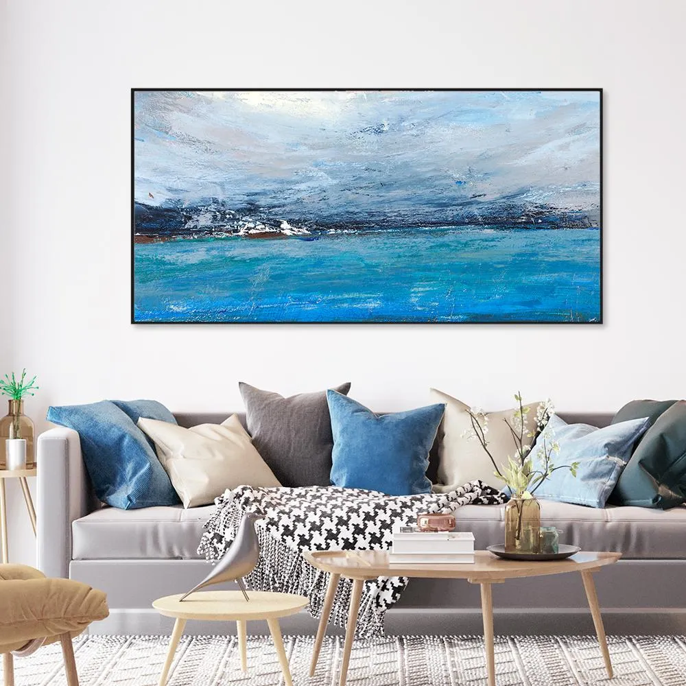 Blue Lagoon Abstract Contemporary Framed Wall Art With Floating Frame