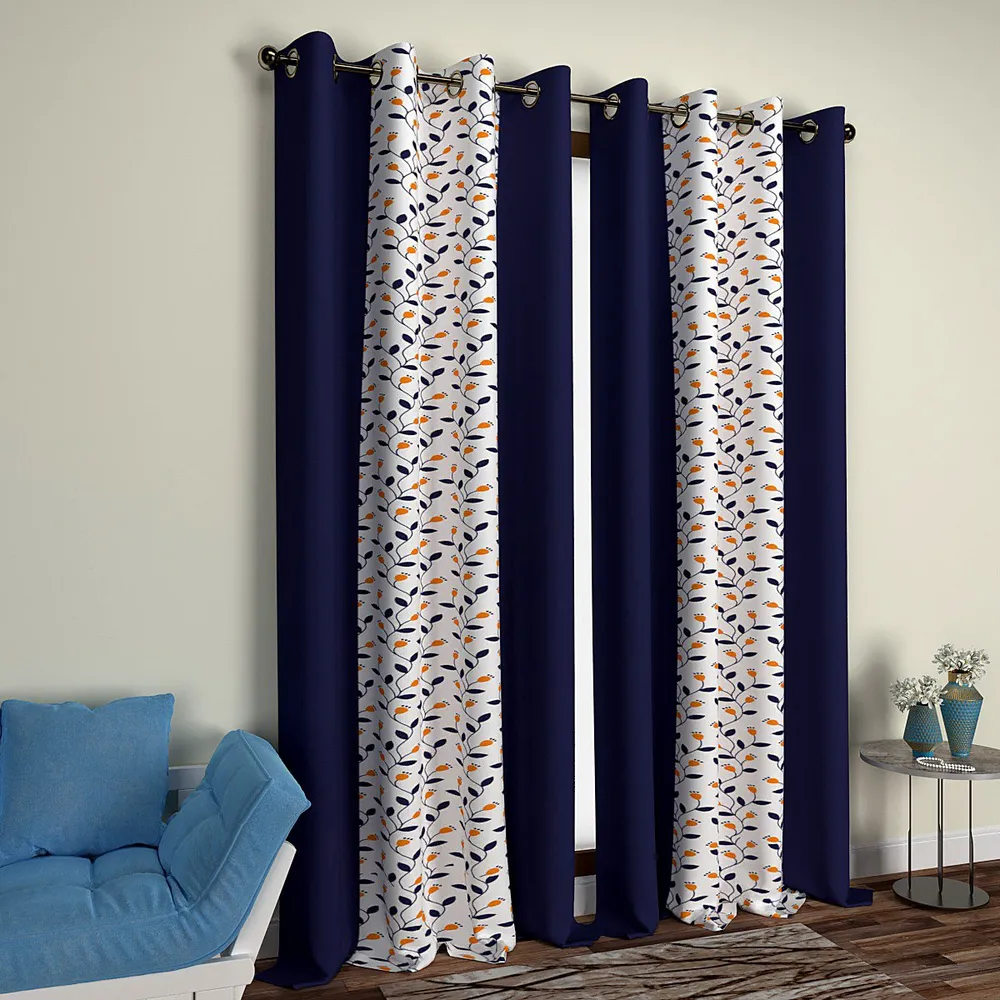 Blue Layered Rising Stems Designer Window Curtain