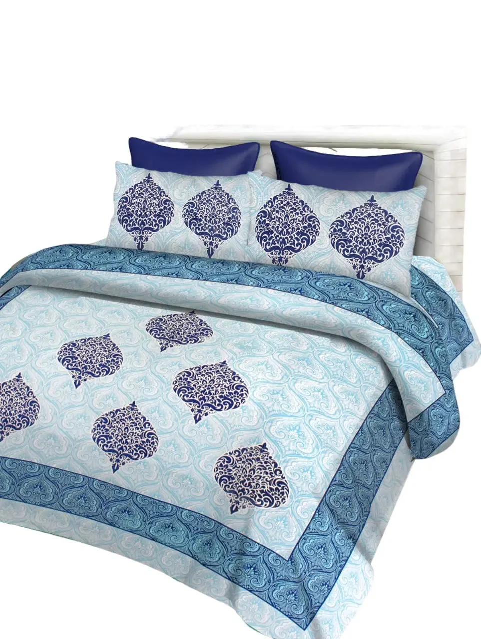 Blue Leaf Printed 144 TC Cotton Double Bedsheet with Pillow Covers