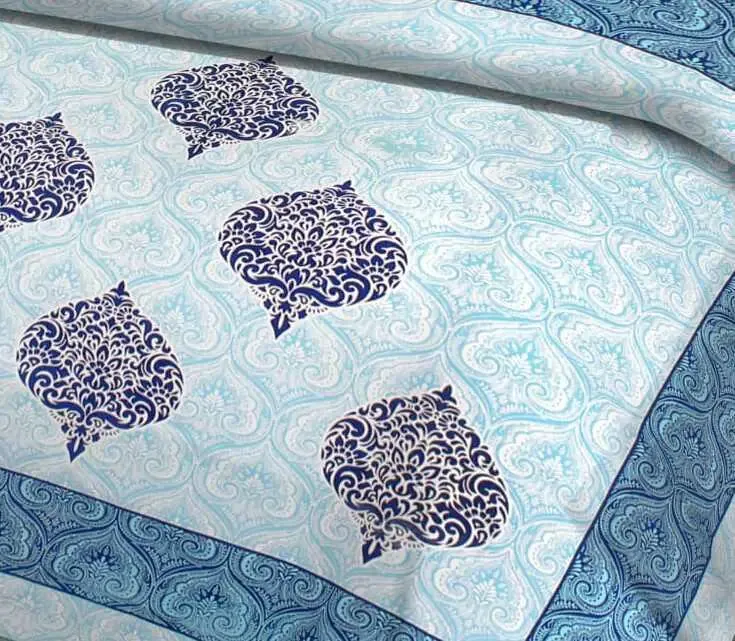 Blue Leaf Printed 144 TC Cotton Double Bedsheet with Pillow Covers