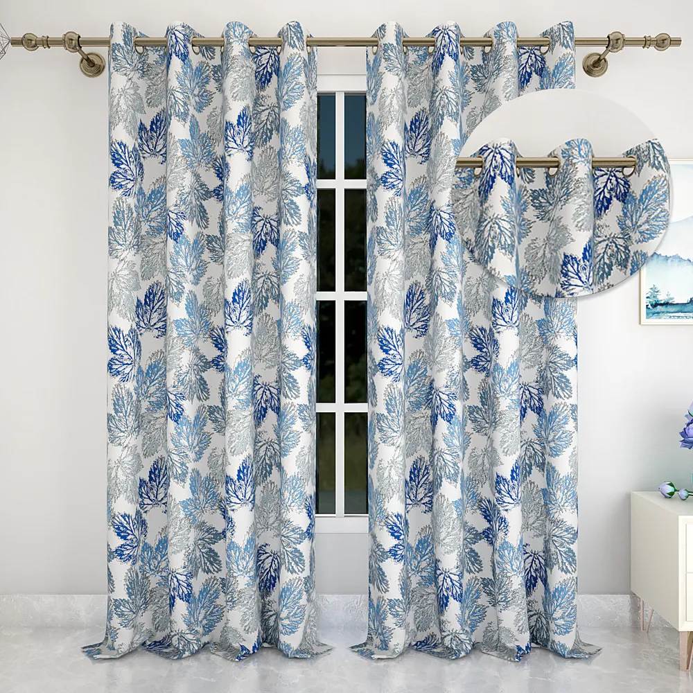 Blue Leaves Bunch Printed Designer Curtain 5 ft