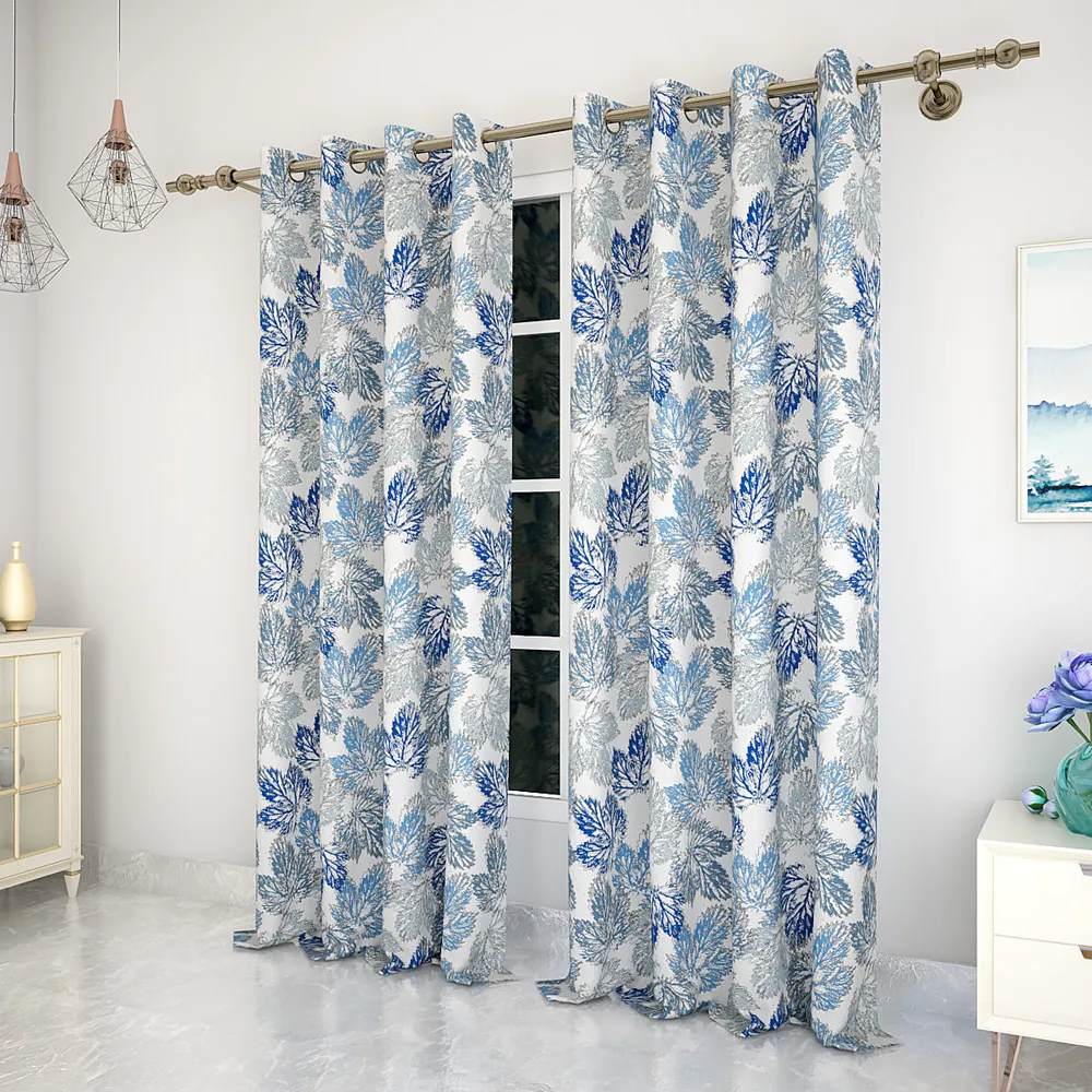 Blue Leaves Bunch Printed Designer Curtain 5 ft