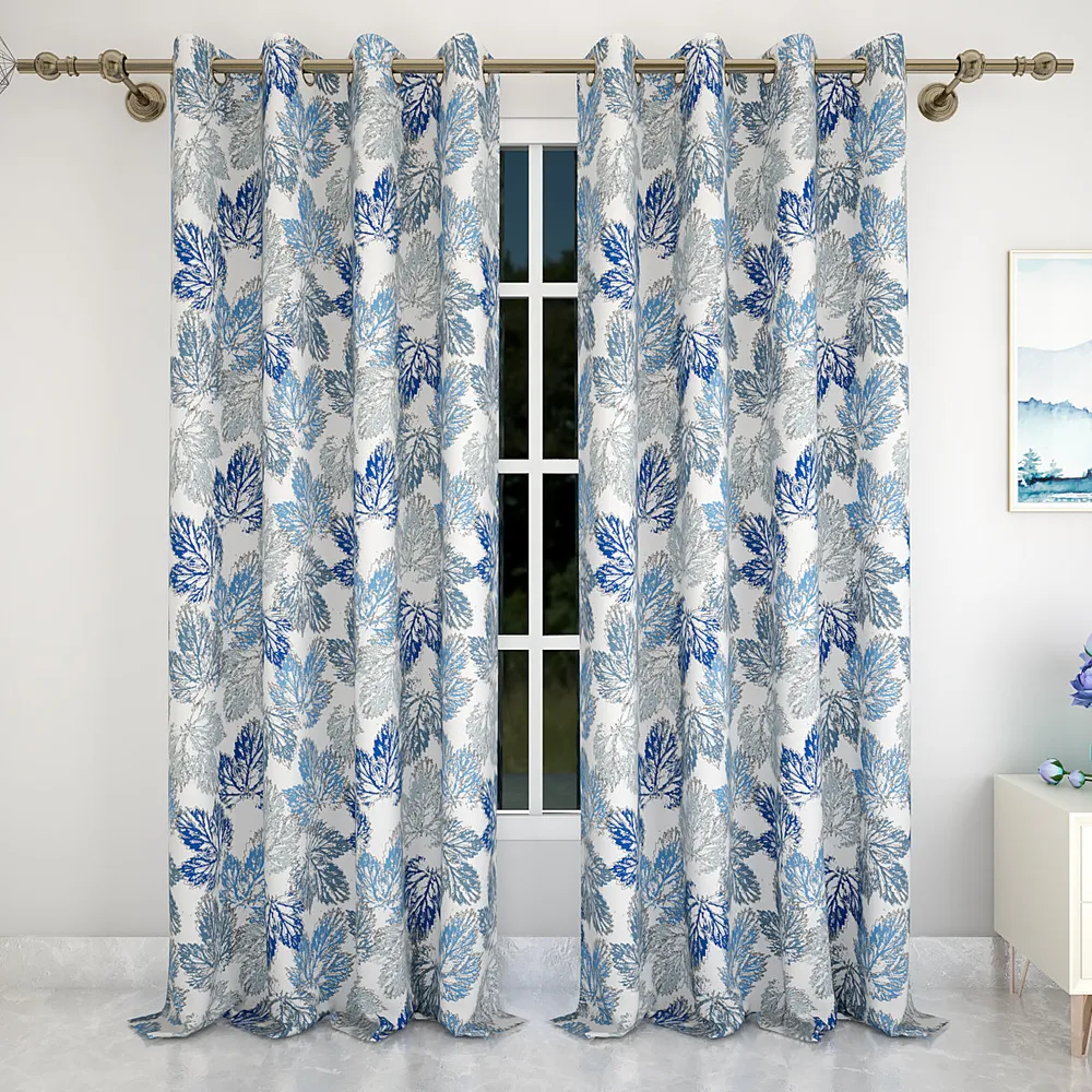 Blue Leaves Bunch Printed Designer Curtain 5 ft