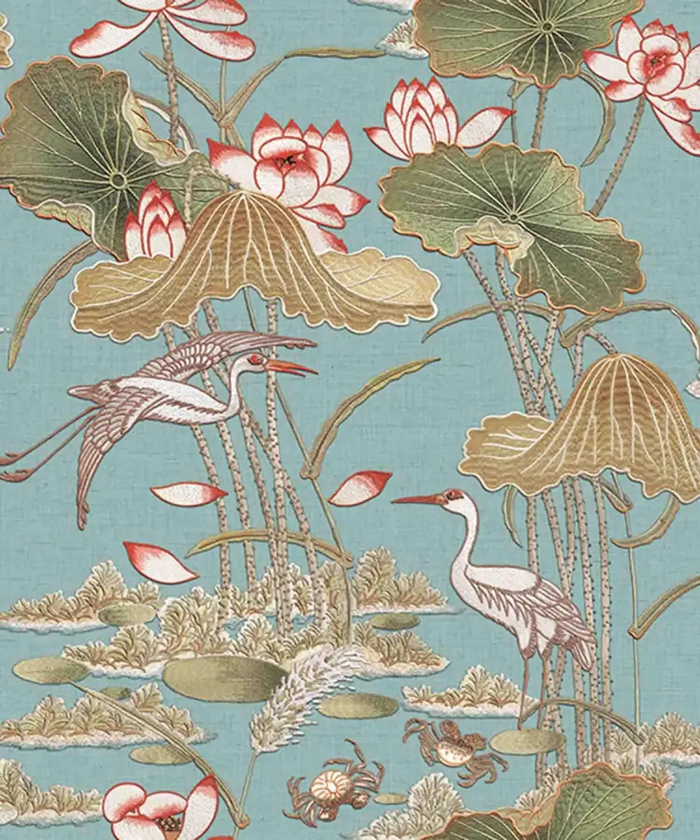 Blue Lotus Pond Textured Wallpaper- Tapestry Collection black