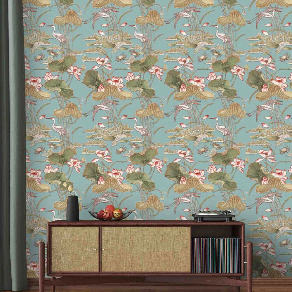Blue Lotus Pond Textured Wallpaper- Tapestry Collection black