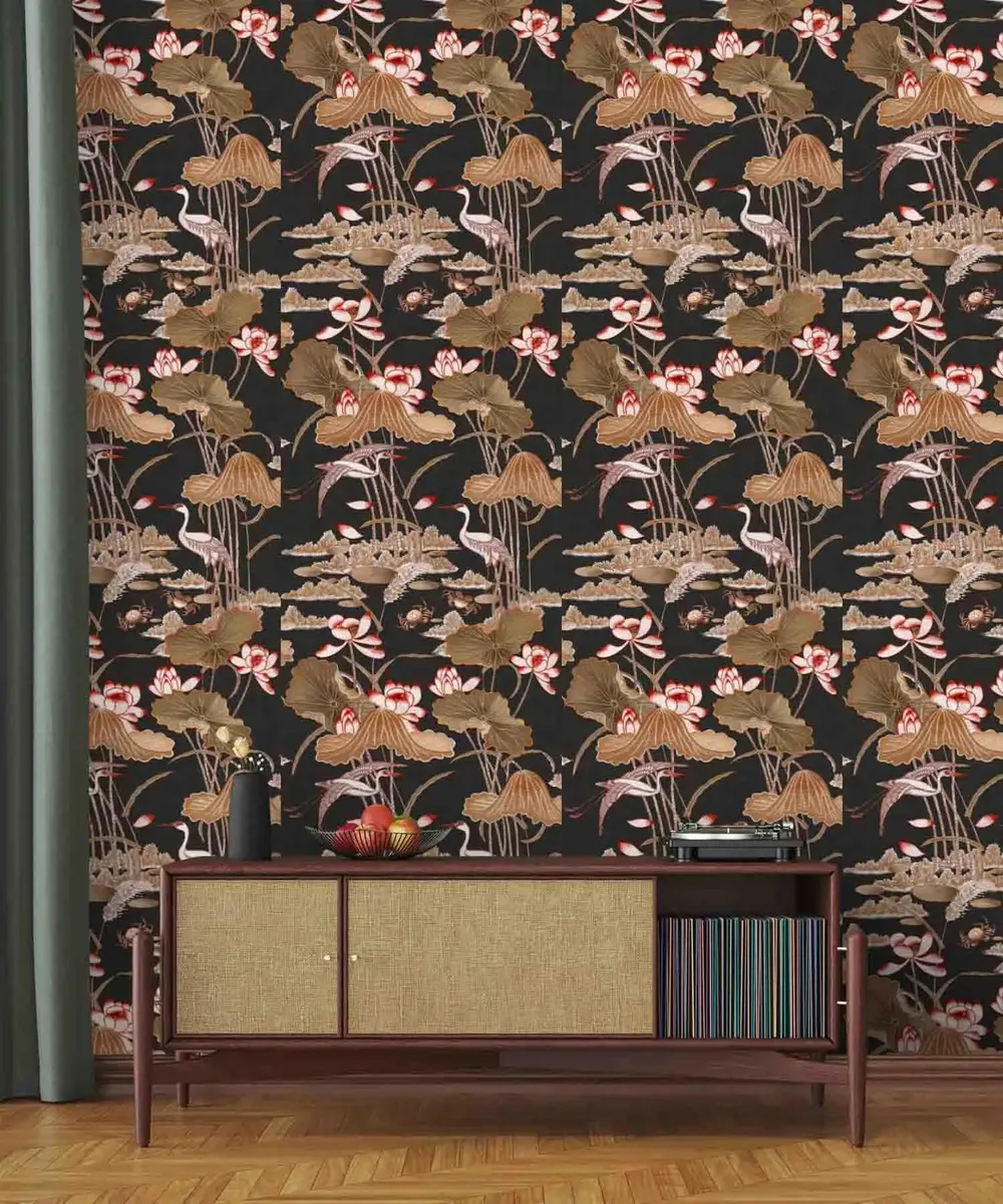 Blue Lotus Pond Textured Wallpaper- Tapestry Collection black