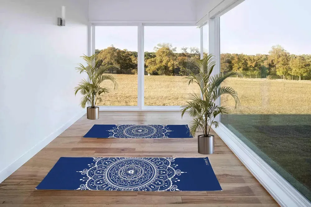 Blue Mandala Art 100% Cotton Designer Yoga Mat / Excercise Mat- 2x6 ft