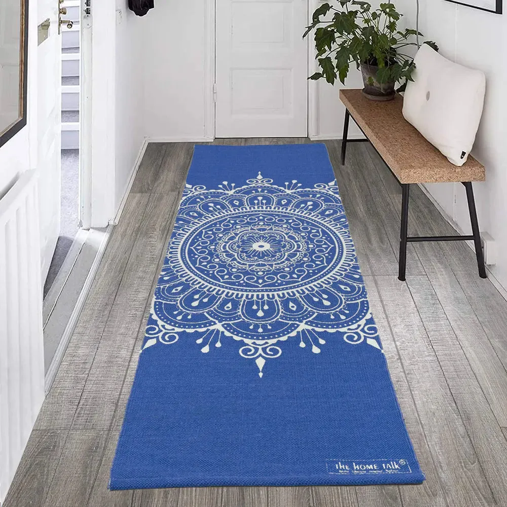 Blue Mandala Art 100% Cotton Designer Yoga Mat / Excercise Mat- 2x6 ft
