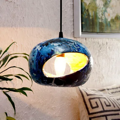 Blue Marble Finish Round Handpainted Pendant Lamp