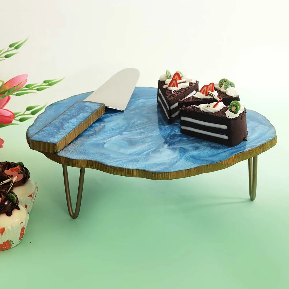 Blue Marble Textured Cake Stand with Server