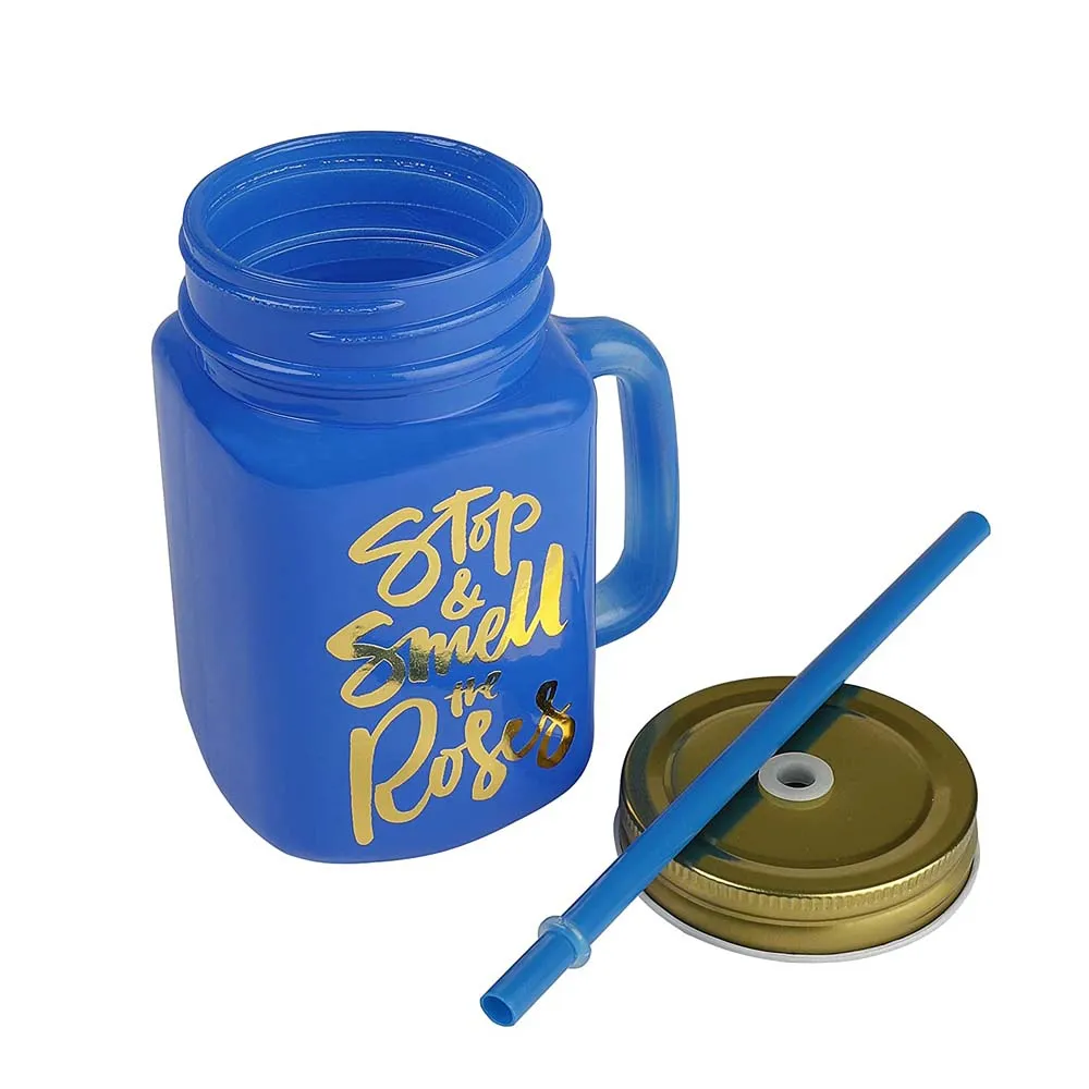 Blue Mason Jar With Lid And Reusable Straw