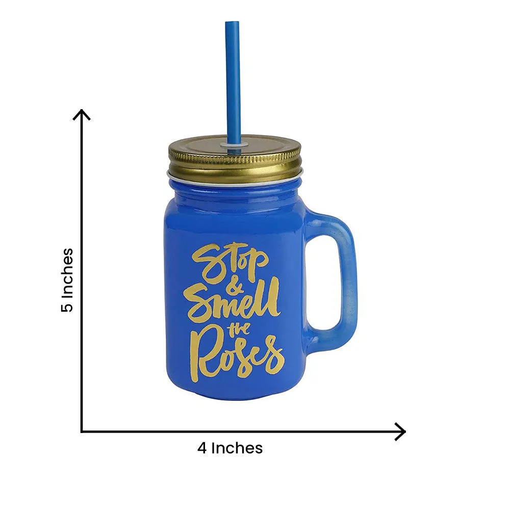 Blue Mason Jar With Lid And Reusable Straw
