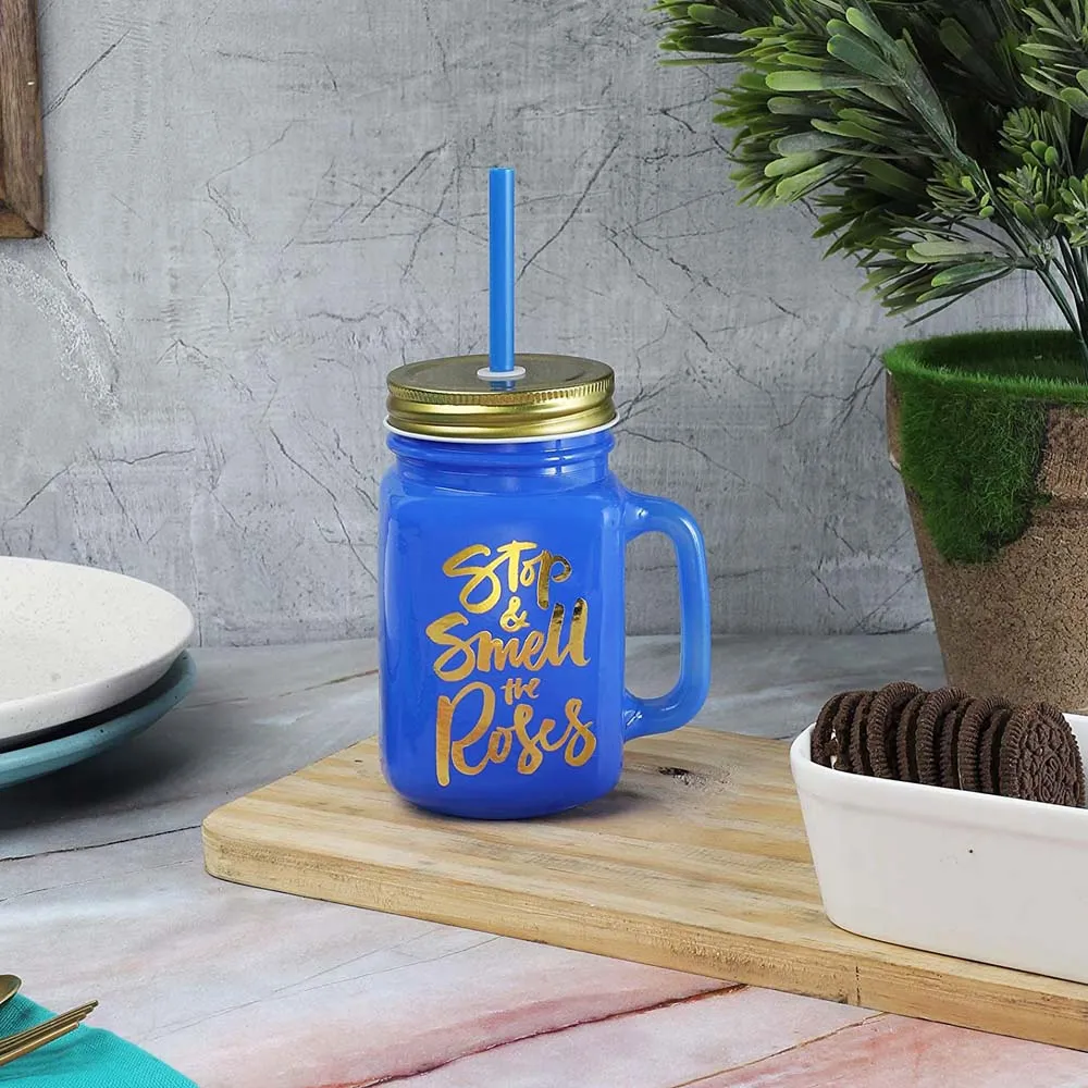 Blue Mason Jar With Lid And Reusable Straw