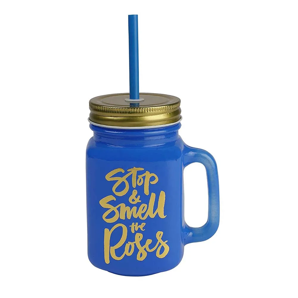 Blue Mason Jar With Lid And Reusable Straw