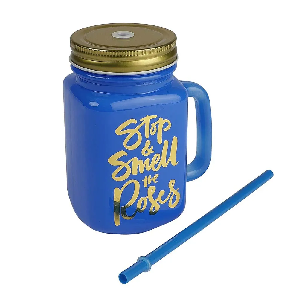 Blue Mason Jar With Lid And Reusable Straw