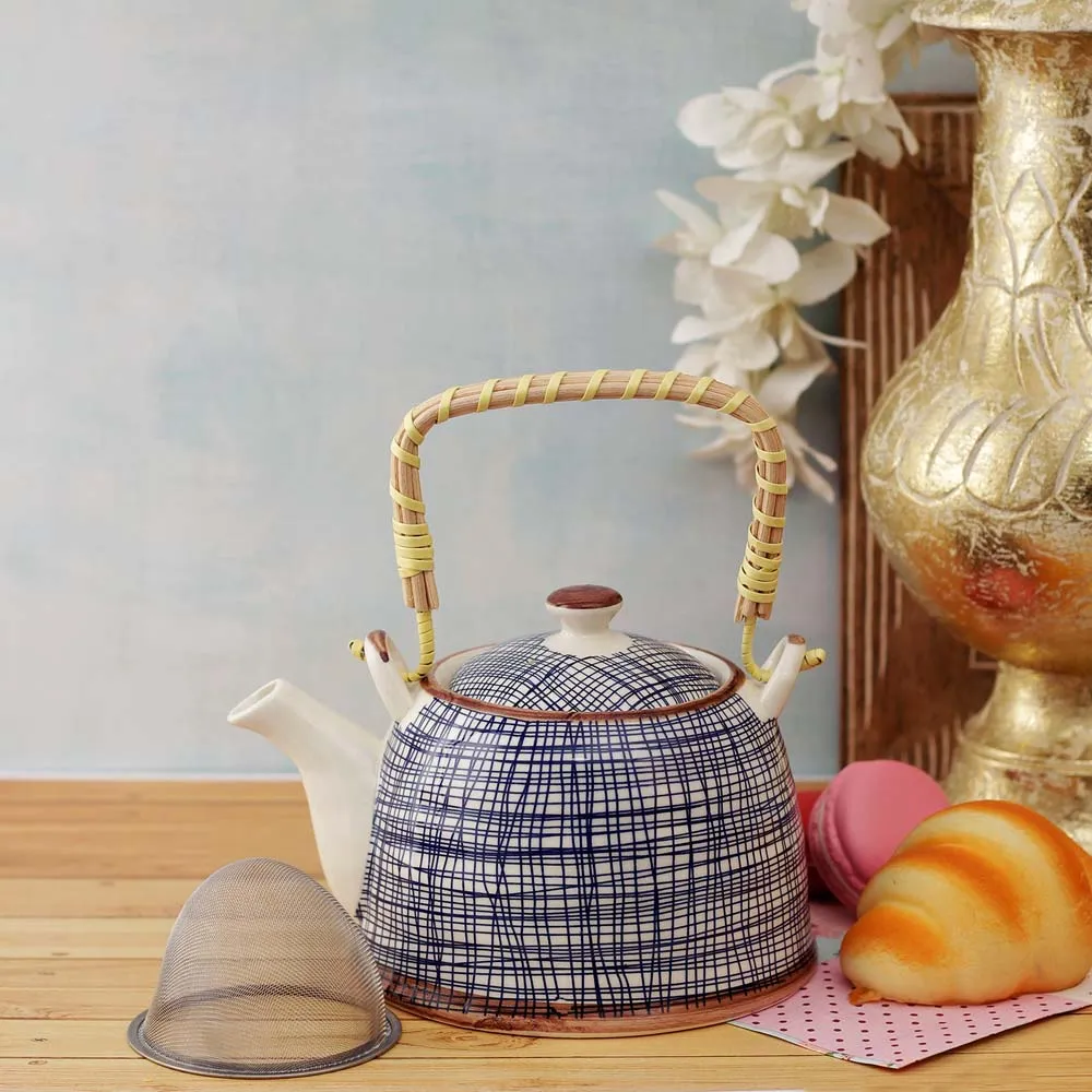 Blue Mesh Patterned Ceramic Tea Kettle
