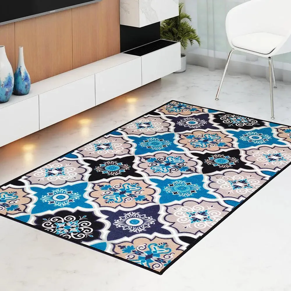 Blue Moroccan Designer Printed Premium Area Carpet ( 3 ft x5 ft & 4 ft x 6 ft ) 3X5 ft