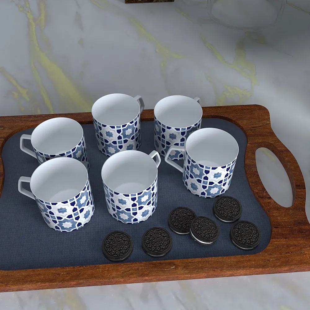 Blue Moroccan Tile Print Designer Tea Cups (Set of 6)