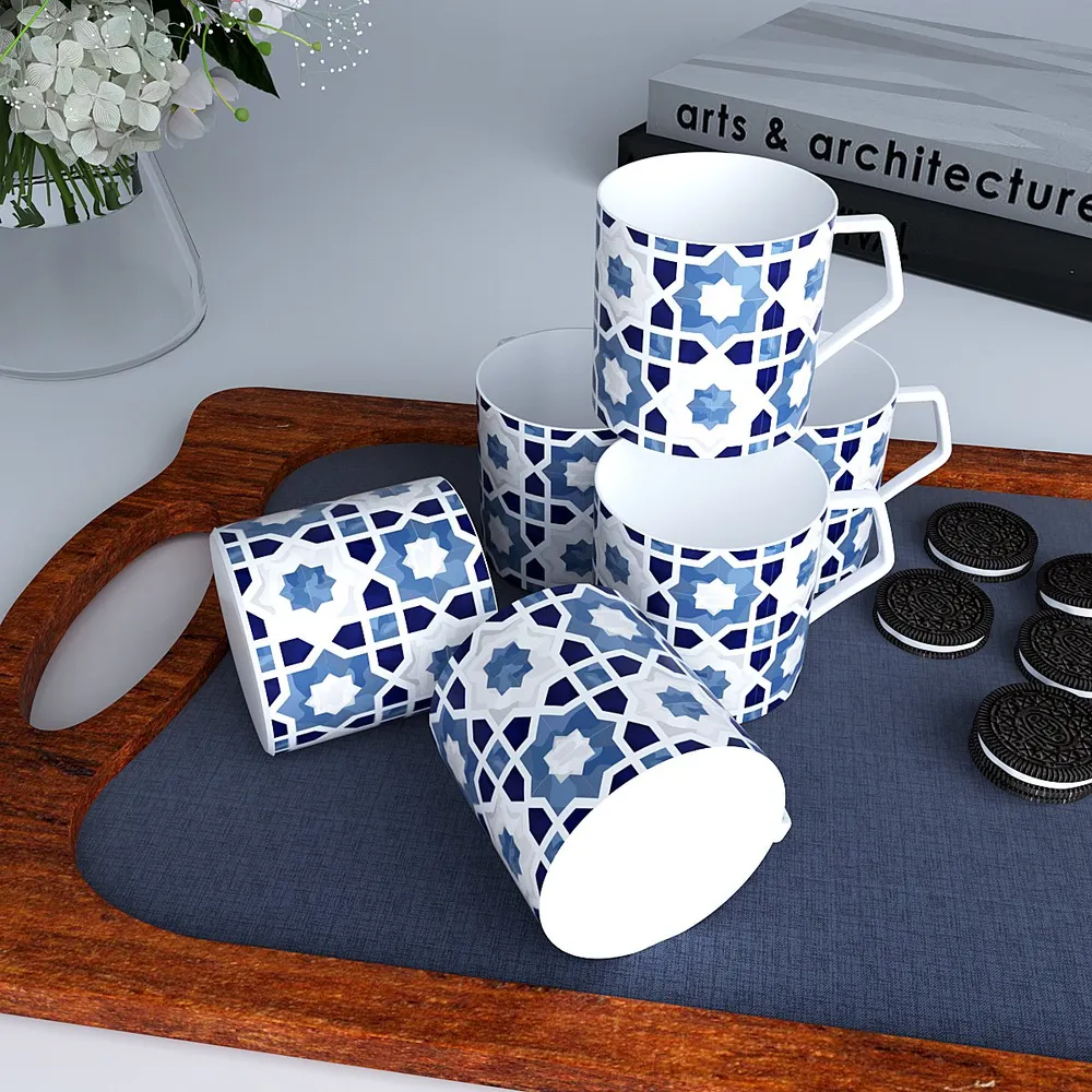 Blue Moroccan Tile Print Designer Tea Cups (Set of 6)