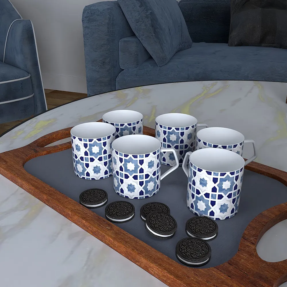 Blue Moroccan Tile Print Designer Tea Cups (Set of 6)