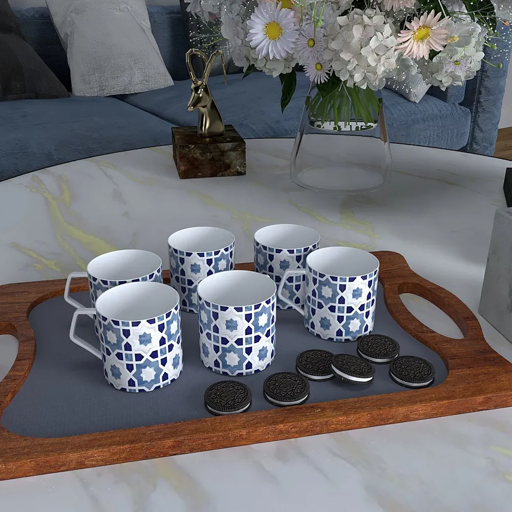 Blue Moroccan Tile Print Designer Tea Cups (Set of 6)