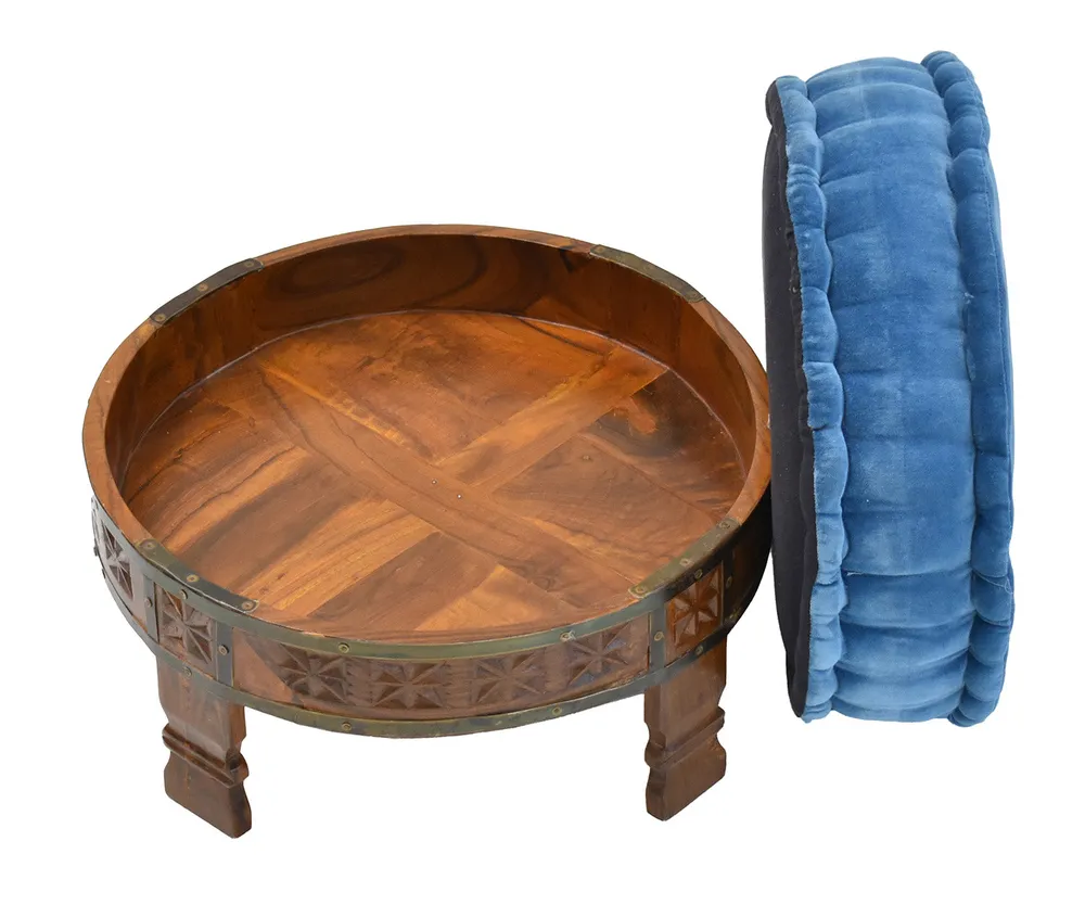 Blue Patterned Upholstered Natural Brown Carved Wooden Ottoman
