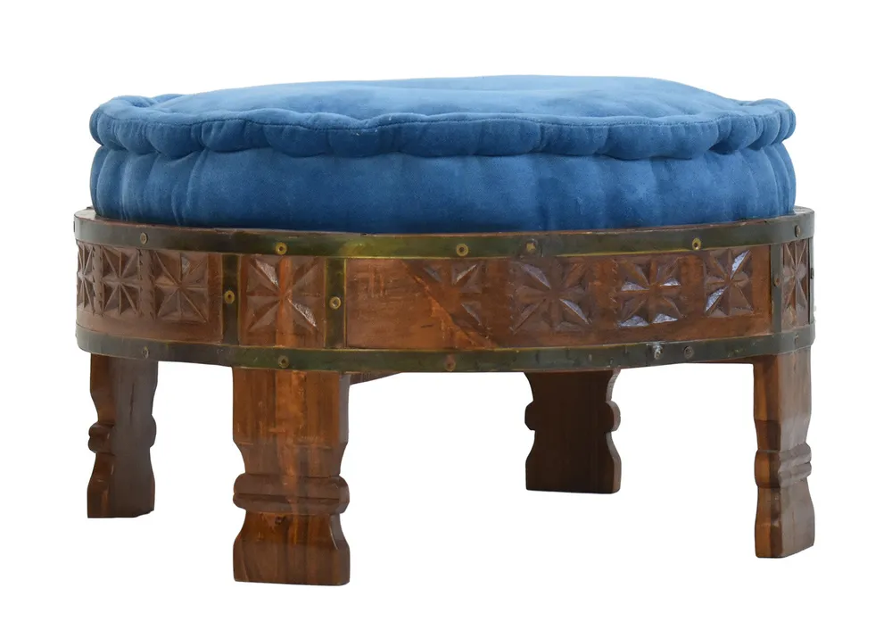 Blue Patterned Upholstered Natural Brown Carved Wooden Ottoman