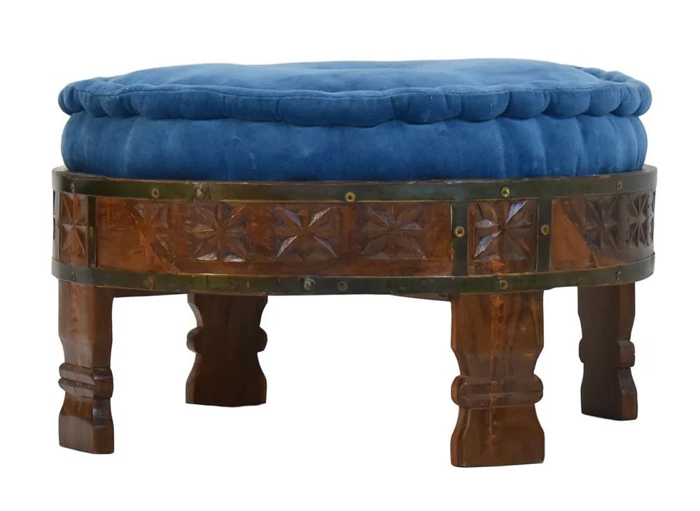 Blue Patterned Upholstered Natural Brown Carved Wooden Ottoman