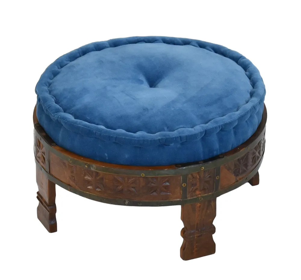 Blue Patterned Upholstered Natural Brown Carved Wooden Ottoman