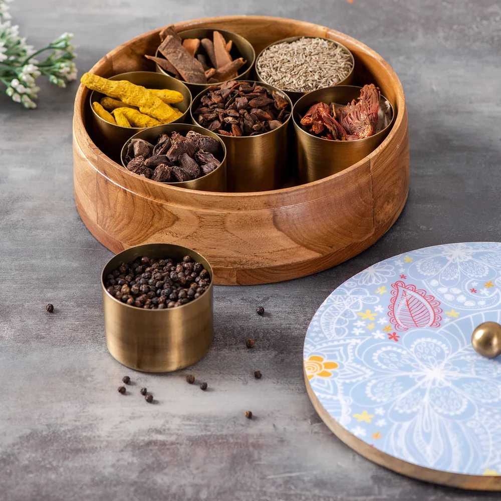 Blue Patterned Wood & Stainless Steel Jars Masala/ Spice Box