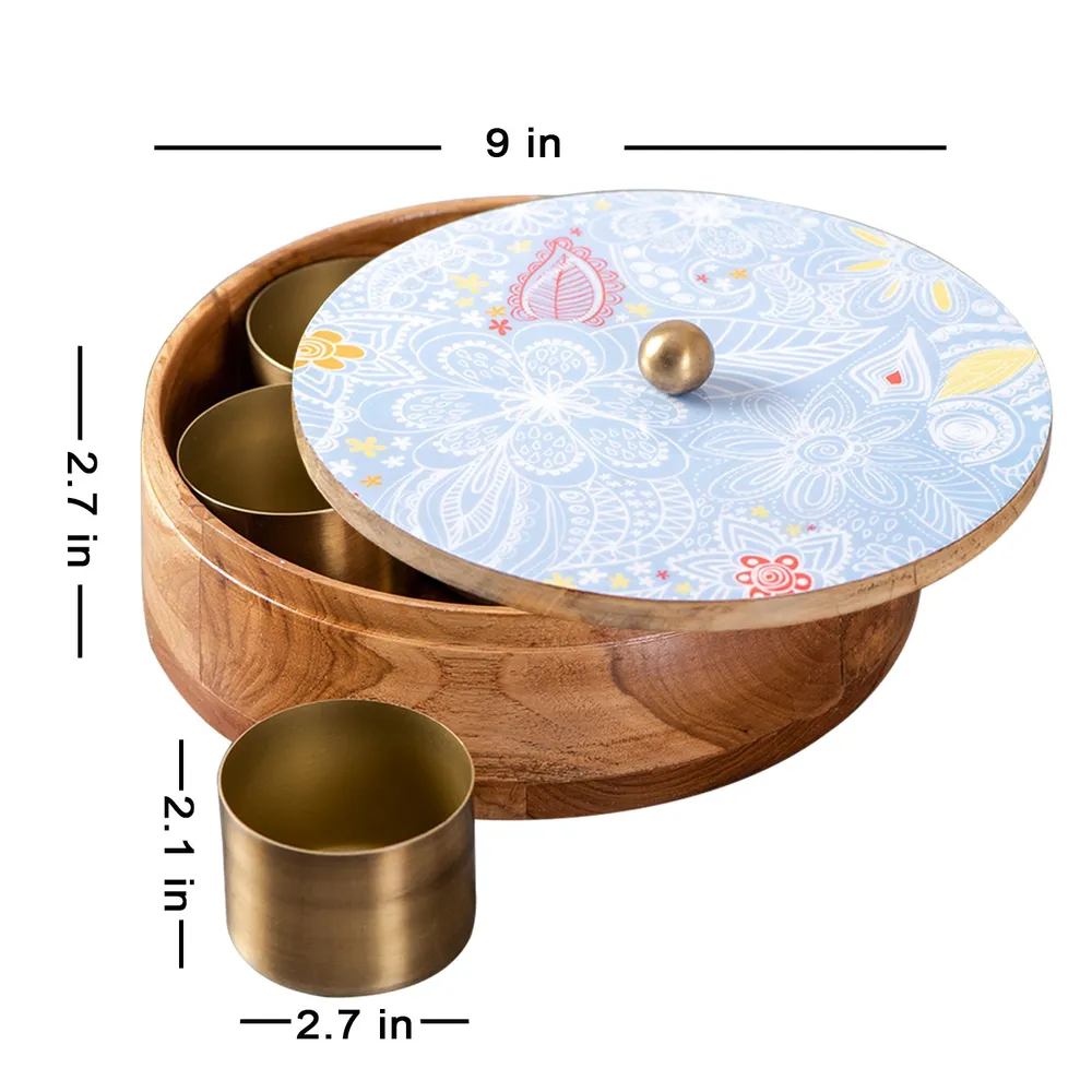 Blue Patterned Wood & Stainless Steel Jars Masala/ Spice Box