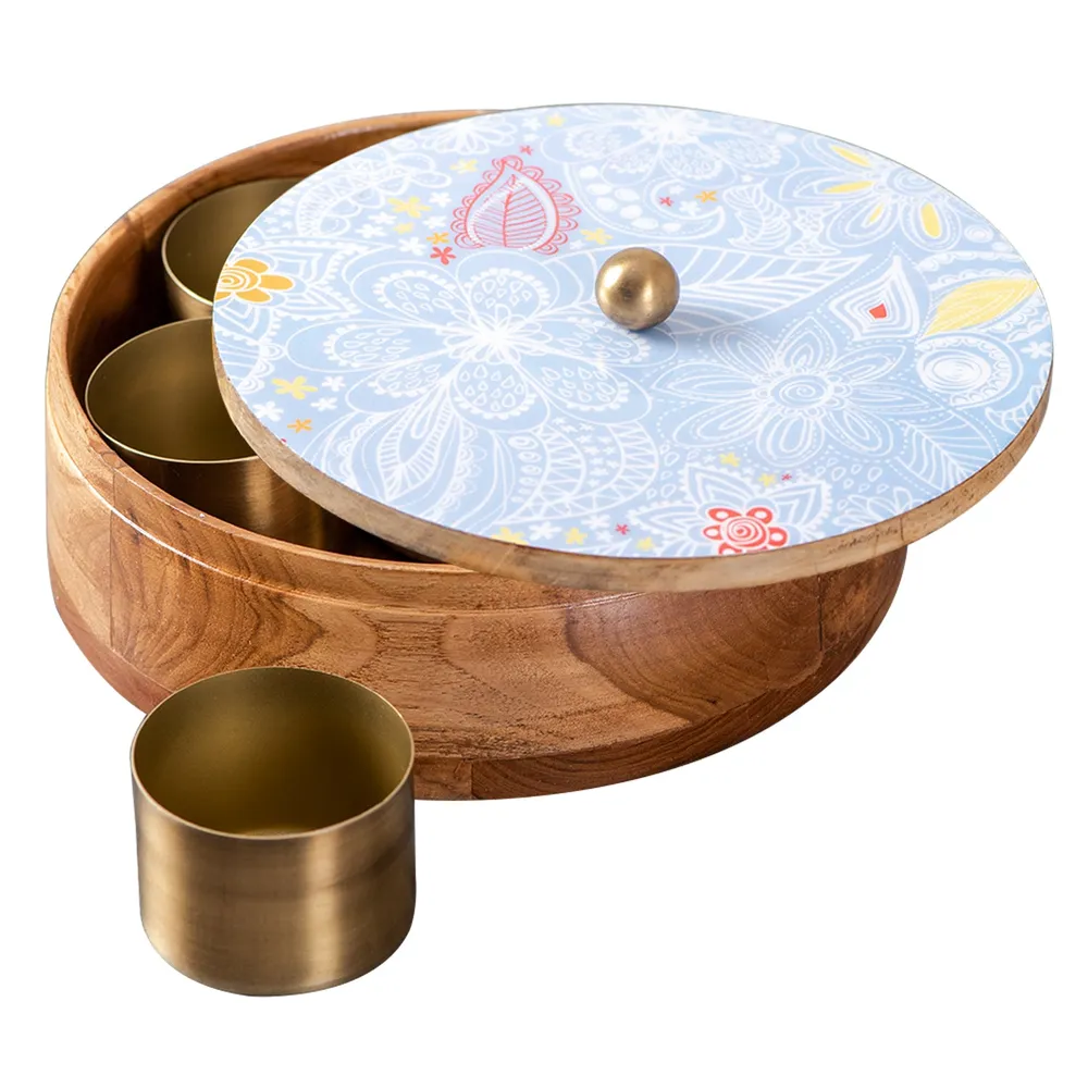 Blue Patterned Wood & Stainless Steel Jars Masala/ Spice Box