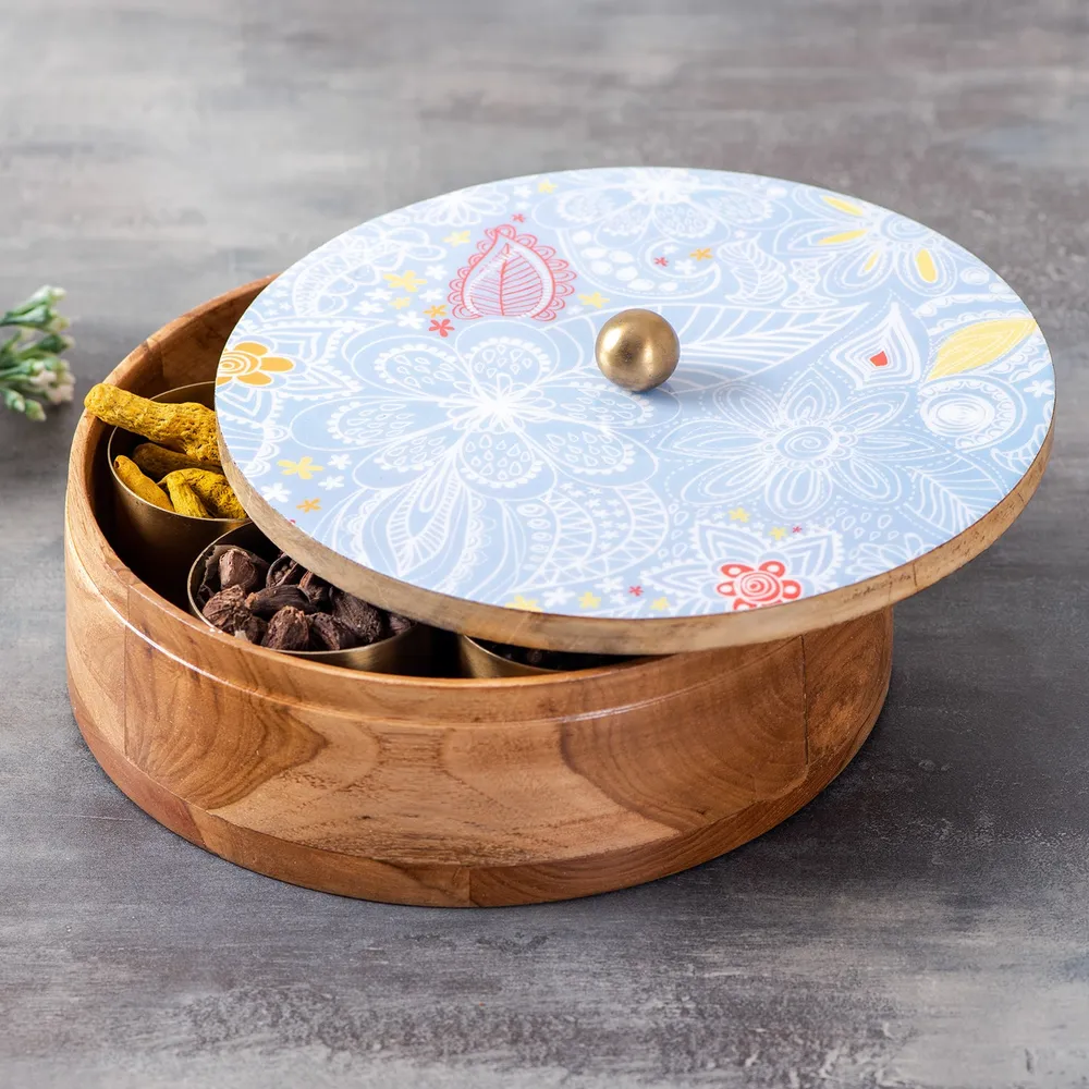 Blue Patterned Wood & Stainless Steel Jars Masala/ Spice Box