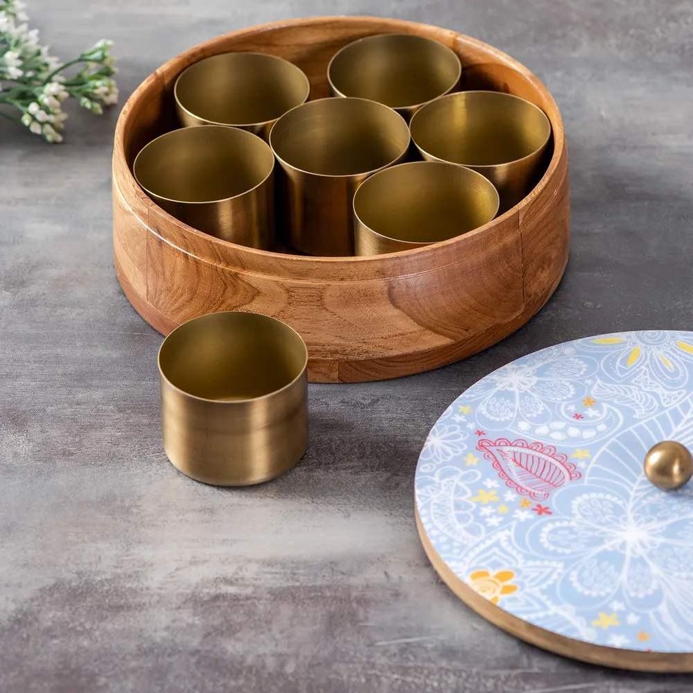 Blue Patterned Wood & Stainless Steel Jars Masala/ Spice Box