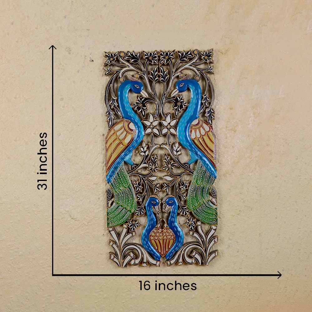Blue Peacock Designer Painted Long Wooden Wall Panel