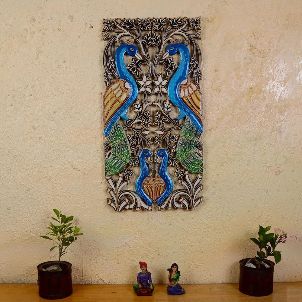 Blue Peacock Designer Painted Long Wooden Wall Panel
